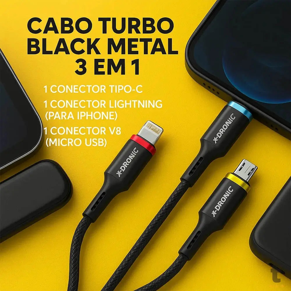 Cabo Carregador Usb Tipo C 3 em 1 Turbo Lightning Tipo C e V8 Preto X-Dronic Truedata