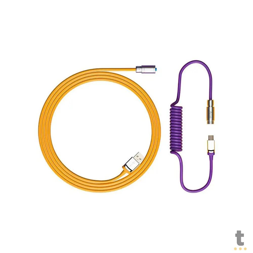 Cabo Enrolado Aviator Para Teclado Usb-A x Usb-C Akko V2 Los Angeles Amarelo e Roxo Truedata