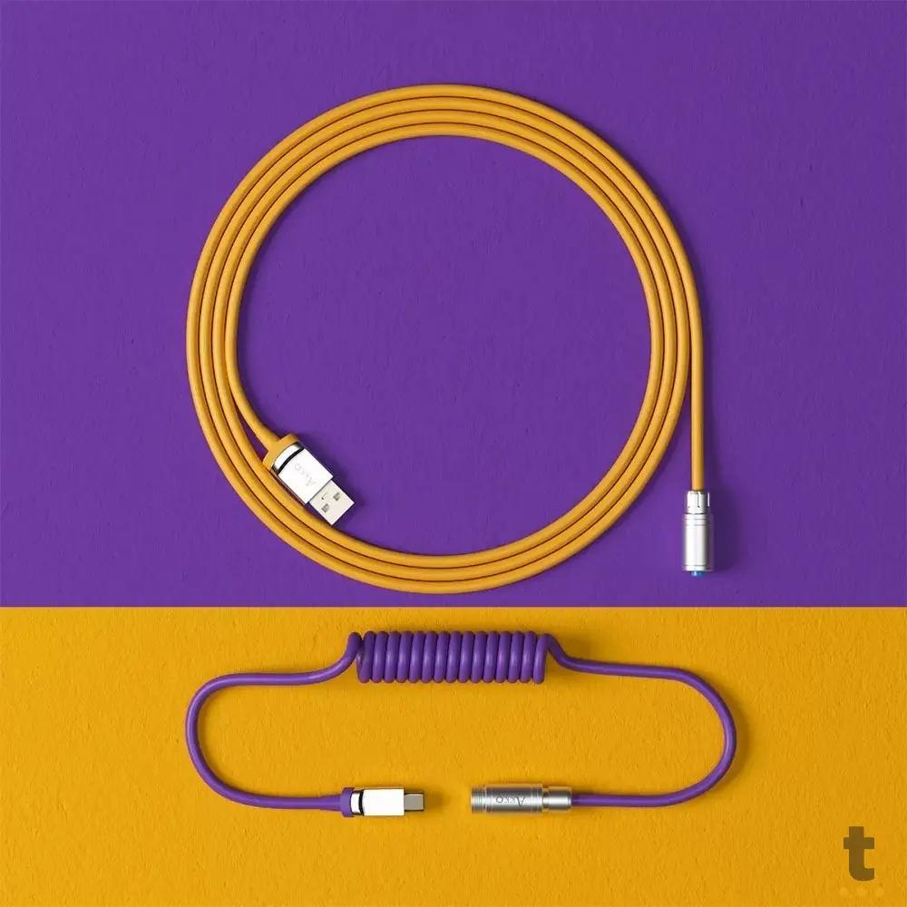 Cabo Enrolado Aviator Para Teclado Usb-A x Usb-C Akko V2 Los Angeles Amarelo e Roxo Truedata