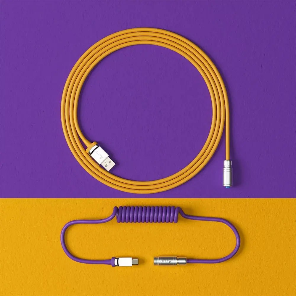 Cabo Enrolado Aviator Para Teclado Usb-A x Usb-C Akko V2 Los Angeles Amarelo e Roxo Truedata