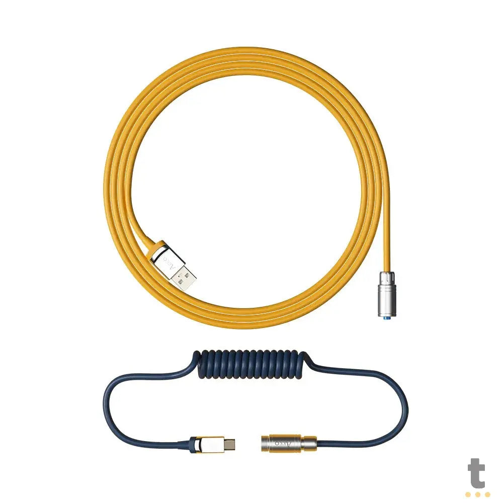 Cabo Enrolado Aviator Para Teclado Usb-A x Usb-C Akko V2 Macaw Amarelo e Azul Truedata