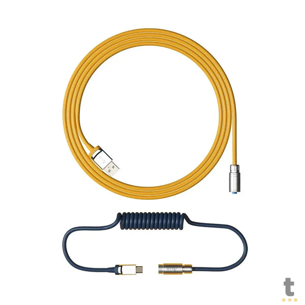 Cabo Enrolado Aviator Para Teclado Usb-A x Usb-C Akko V2 Macaw Amarelo e Azul