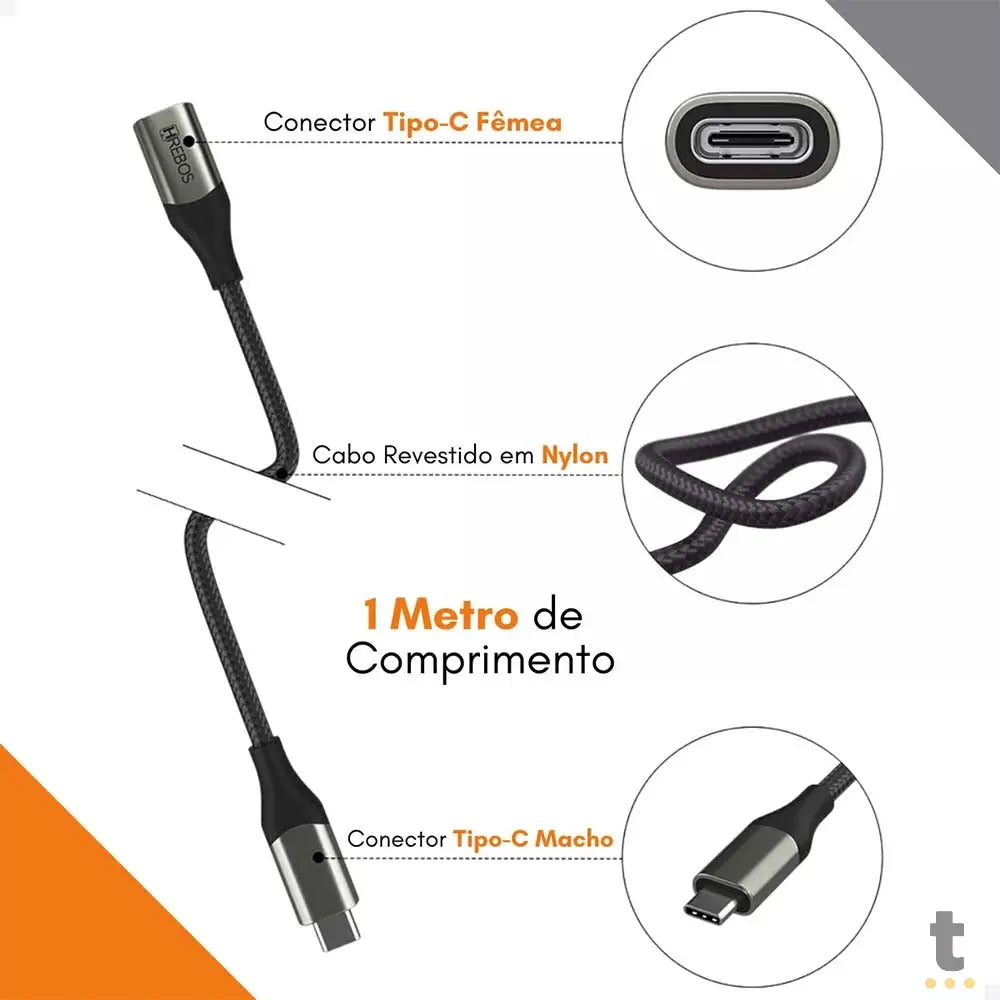 Cabo Extensor USB Tipo C 3.1 Macho / Femea P/ Dados, Carga e Video 4K 60Hz 1m Truedata