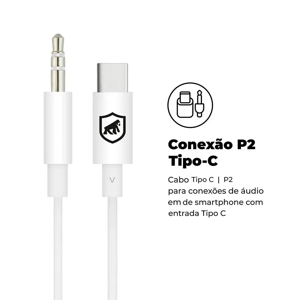 Cabo de Áudio Auxiliar P2 Macho P/  USB Tipo C GShield 1m Branco - GS-5946 Truedata