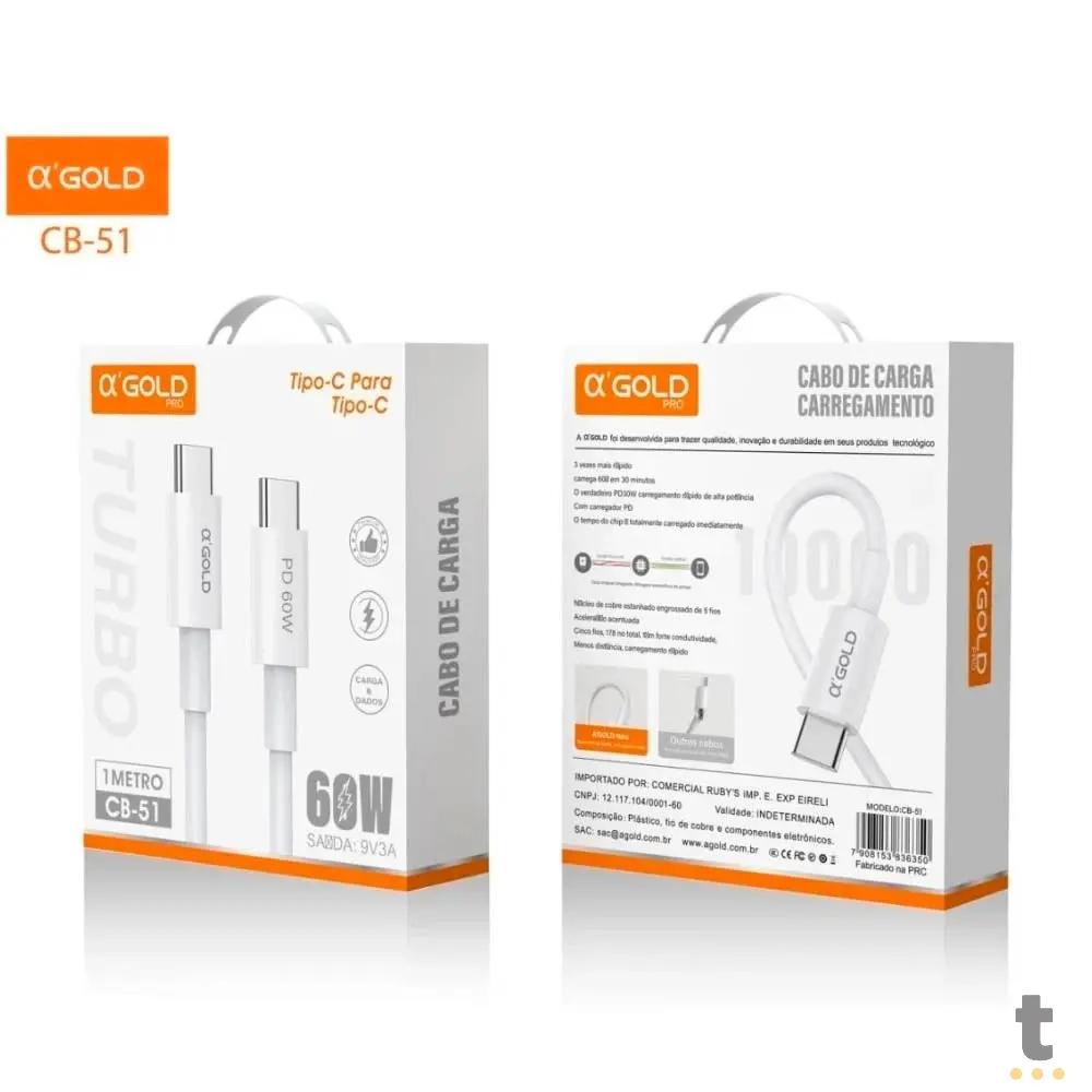 Cabo de Dados Tipo C P/ Tipo C 60w 1M 9v/3.0a aGold - CB-51 Truedata