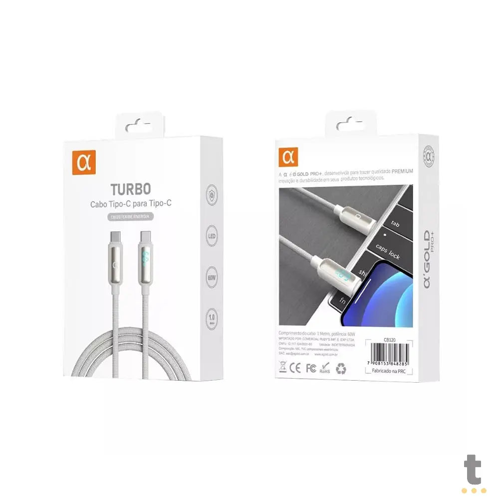 Cabo de Dados Tipo C P/ Tipo C - Visor LED 60w 1M  aGold - Cb120 Truedata