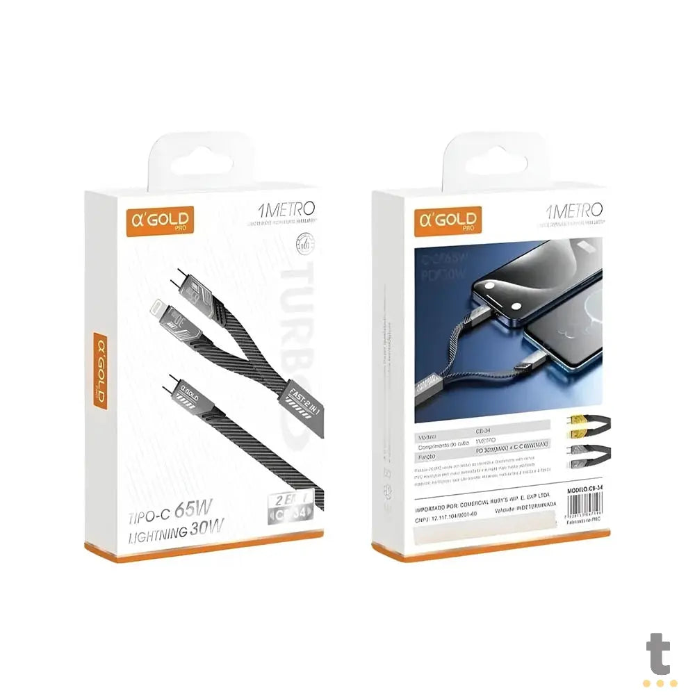 Cabo de Dados aGold 2 em 1 Usb Tipo C P/  Tipo C 65W e Lightning 30W 1 Mt - CB-34 Truedata