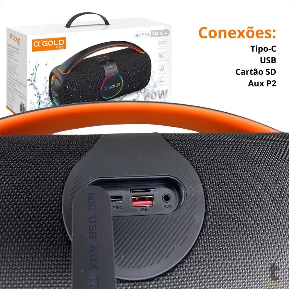 Caixa de Som Portátil Bluetooth aGold 120W IPX6 C/ Microfone - SM-32 Truedata