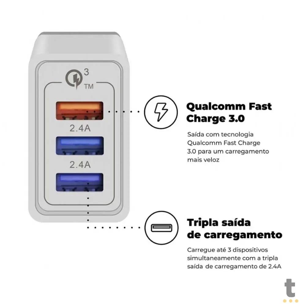 Carregador De Parede GShield Triplo USB Turbo 18W Branco S/ Cabo - GNL3Y2K72-IP Truedata