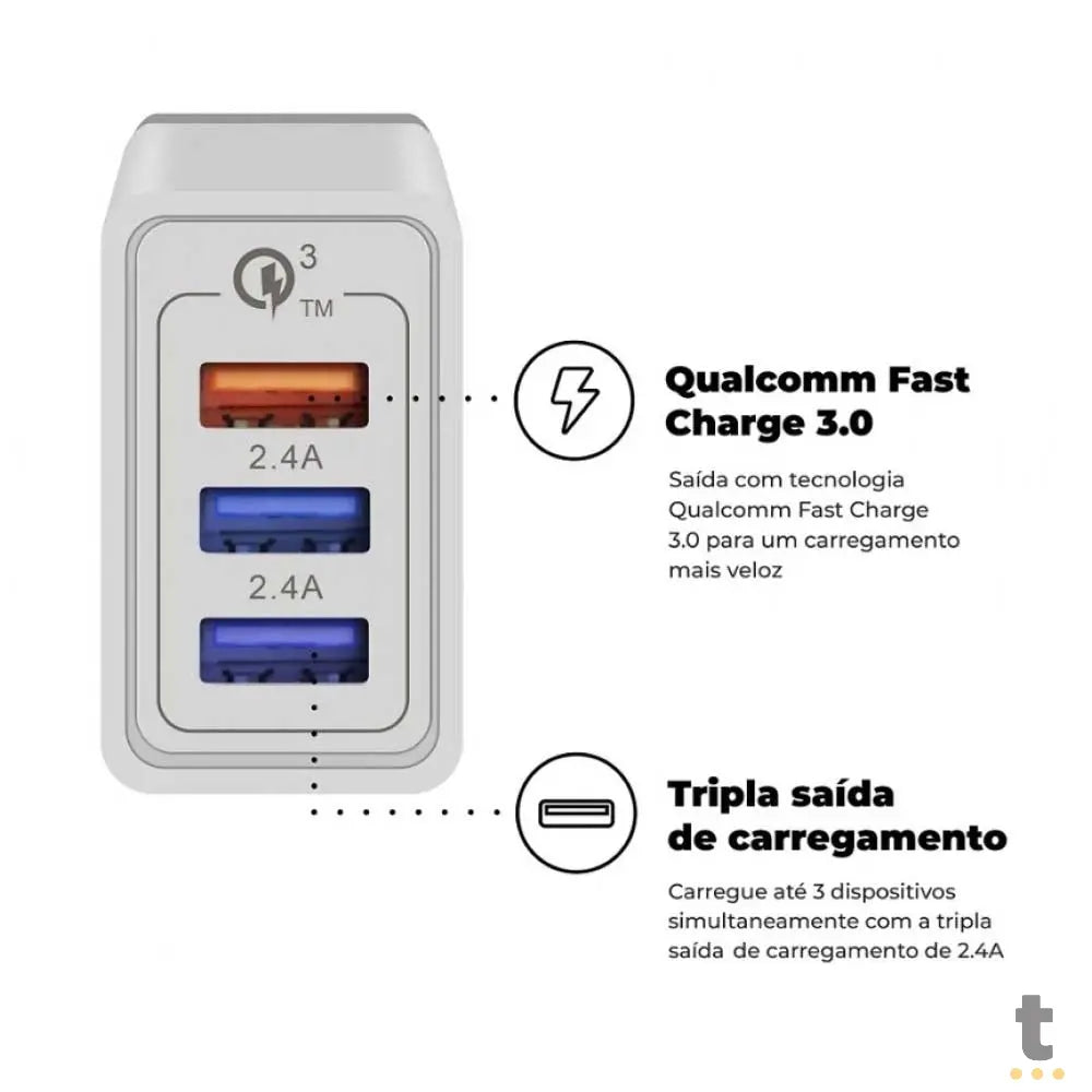 Carregador De Parede GShield Triplo USB Turbo 18W Branco S/ Cabo - GNL3Y2K72-IP Truedata