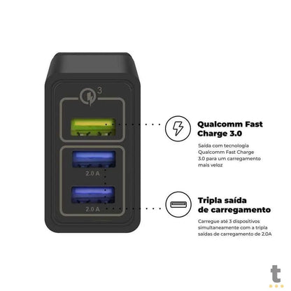 Carregador De Parede GShield Triplo USB Turbo 18W Preto S/ Cabo - NFQRZ4M4Y-IP Truedata