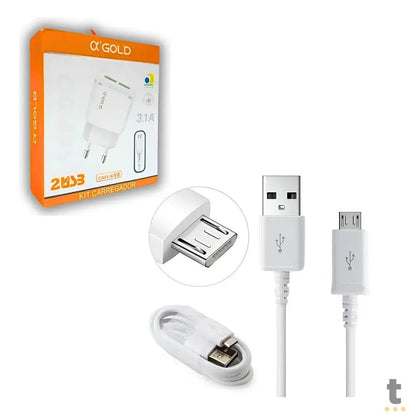 Carregador De Parede aGold C/ 2 Saídas USB + Cabo V8 3.1A - CA01-8/V8 Truedata
