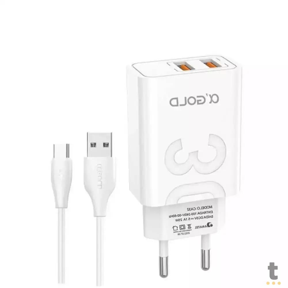 Carregador De Parede aGold Usb Tipo C Turbo C/ 2 Usb 5.1A Branco - CA32-3 /Tipo-C Truedata