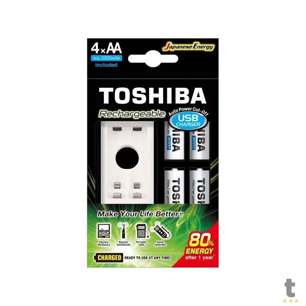 Carregador De Pilhas USB Toshiba C/ 4 Pilhas AA 2000Mah - TNHC-6GME4 Truedata