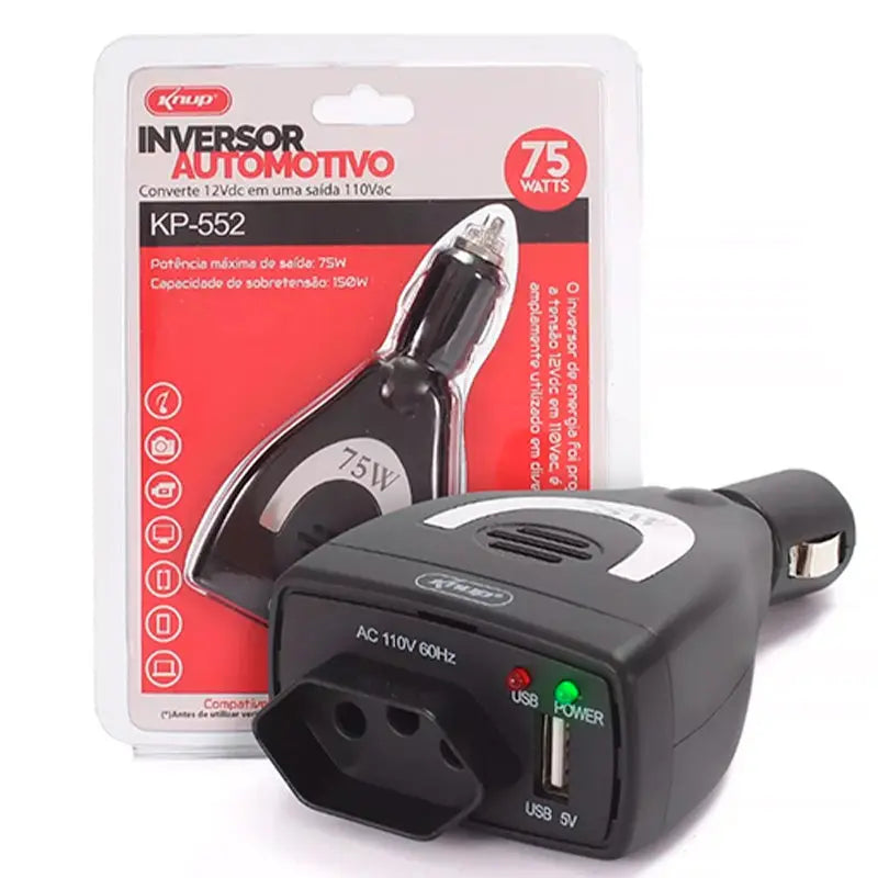 Carregador Inversor 12v Para 110v Veicular 75w Knup Kp-552 Saida Ac E Usb Truedata