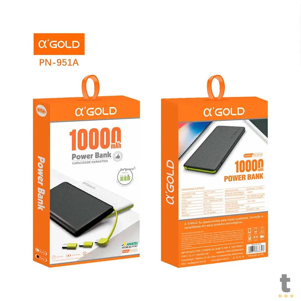 Carregador Portátil 10000mAh aGold Power Bank C/ Adaptadores Lightning / Tipo C - PN-951A