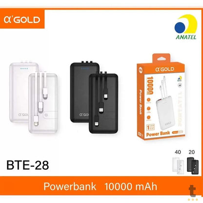 Carregador Portátil Power Bank AGold 10000Mah USB V8, Tipo C e Lighting - BTE-28 Truedata