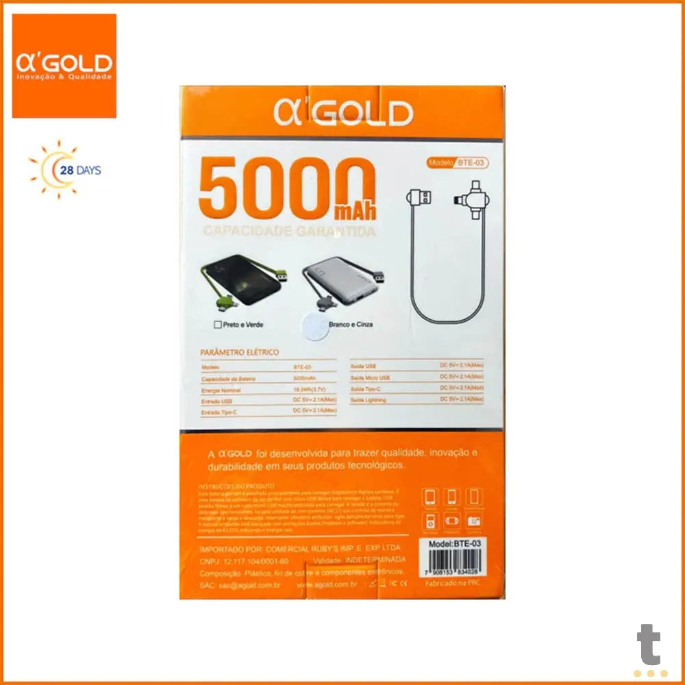 Carregador Portátil Power Bank AGold 5000Mah Multiconexões 2.1A - BTE-03 Truedata