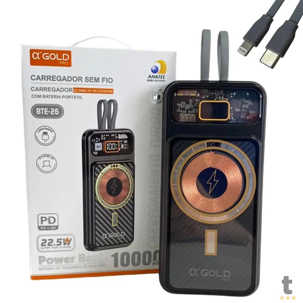 Carregador Portátil Power Bank Lightning / Tipo C / Sem Fio AGold Fast Charge 22.5W 10000Mah - BTE-26 Truedata