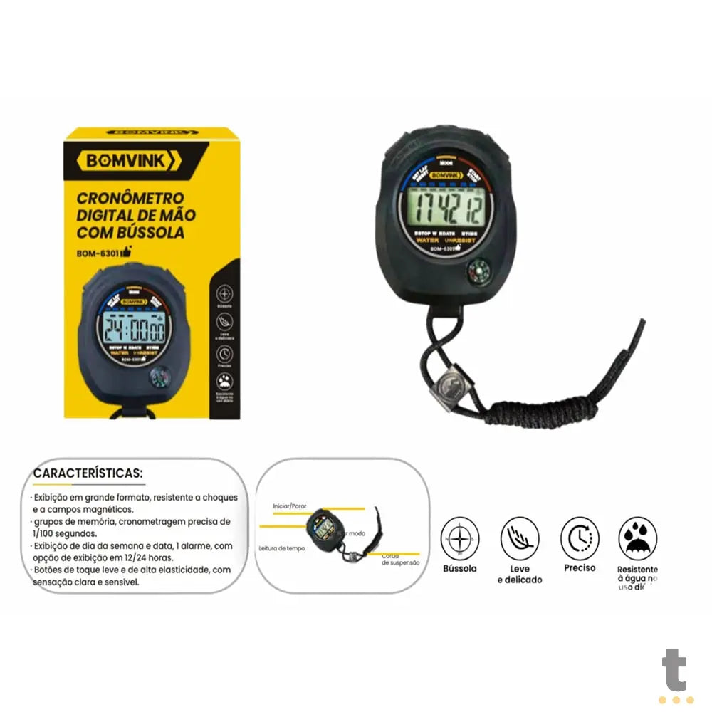 Cronometro Digital De Mão C/ Mini Bussola Bomvink - BOM-6301 Truedata