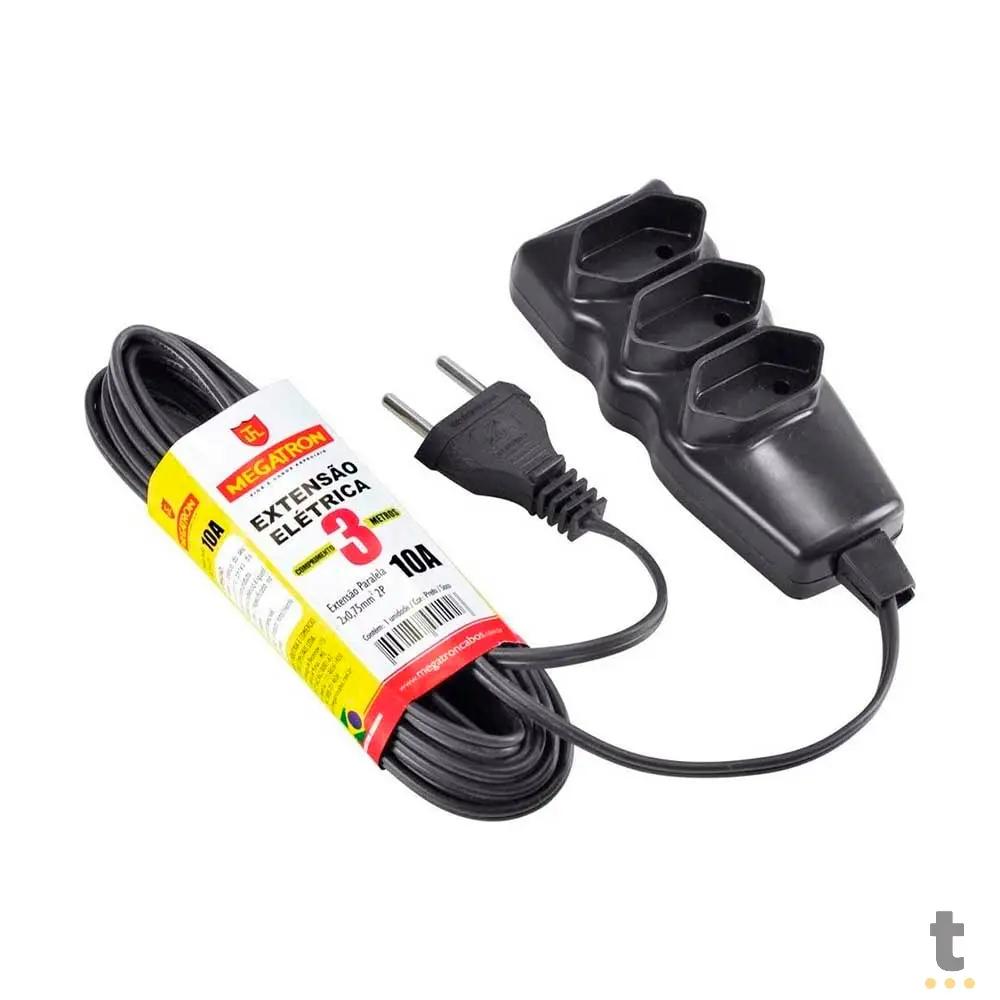Extensão Elétrica Megatron 3 Tomadas pl 0,75mm 10A Preta 3mts - 23761 Truedata