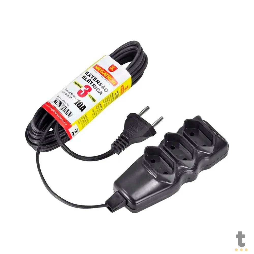 Extensão Elétrica Megatron 3 Tomadas pl 0,75mm 10A Preta 3mts - 23761 Truedata