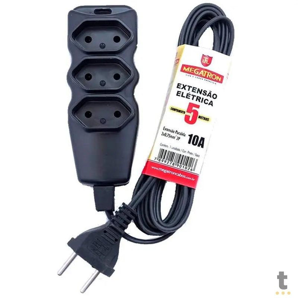 Extensão Elétrica Megatron 3 Tomadas pp 0,75mm Preta 10A - 5mt - 23766