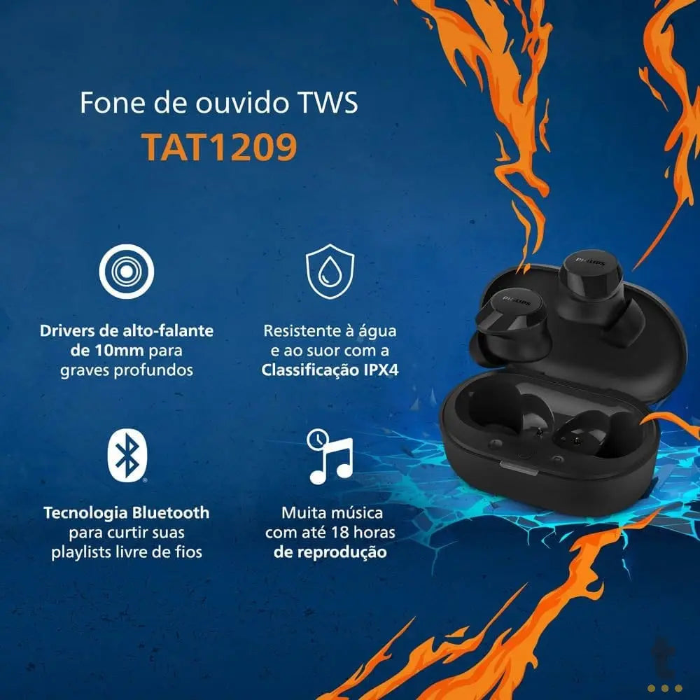 Fone De Ouvido Bluetooth Philips TWS Preto - TAT1209 Truedata