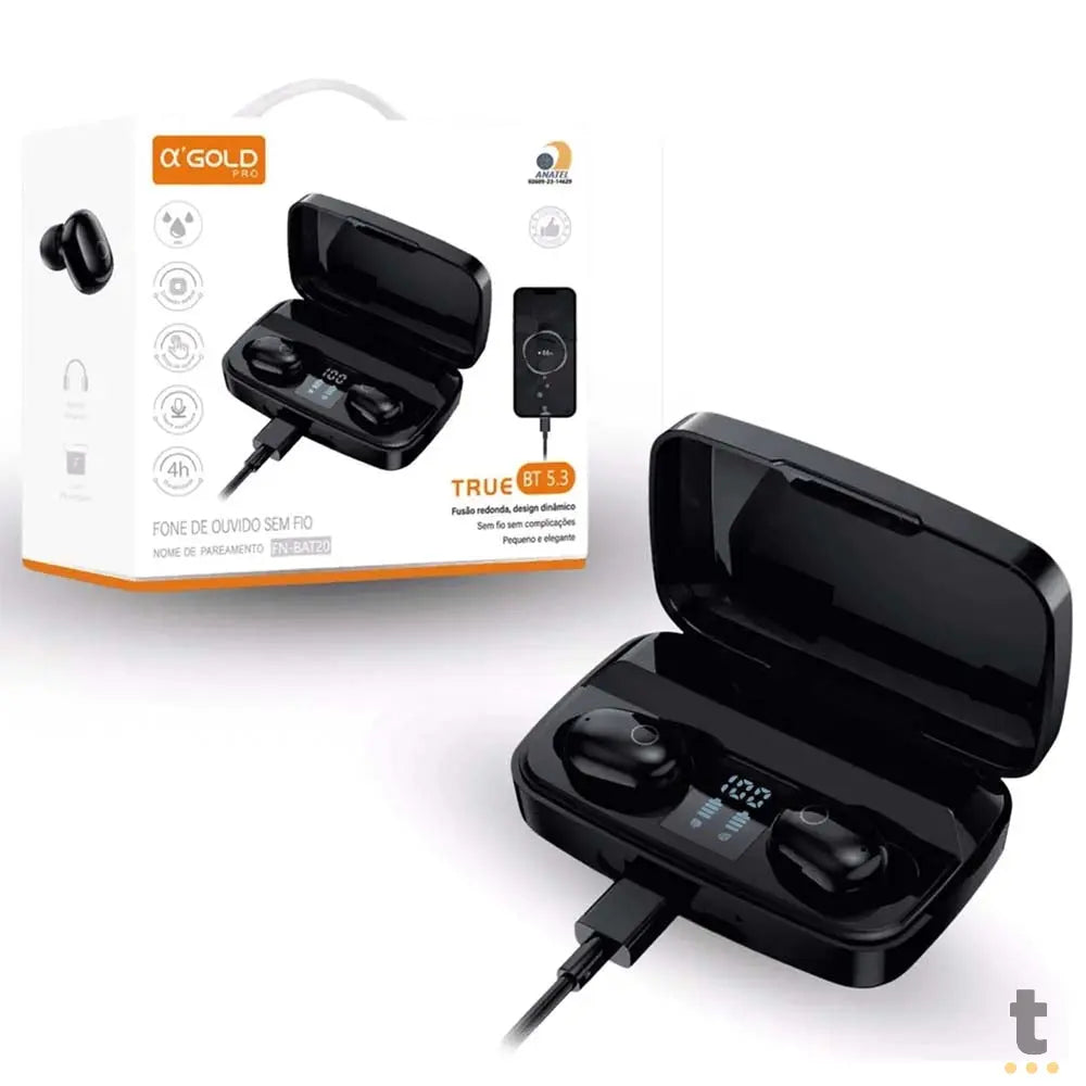 Fone De Ouvido Bluetooth aGold Plus Hi-Fi Preto C/ Estojo Carregador - FN-BAT20 Truedata
