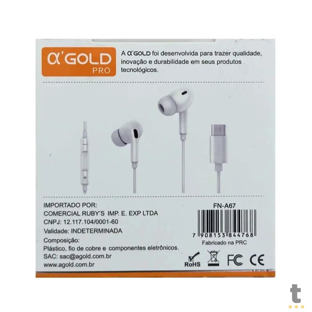 Fone De Ouvido USB Tipo C com Microfone aGold Branco - FN-A67 Truedata