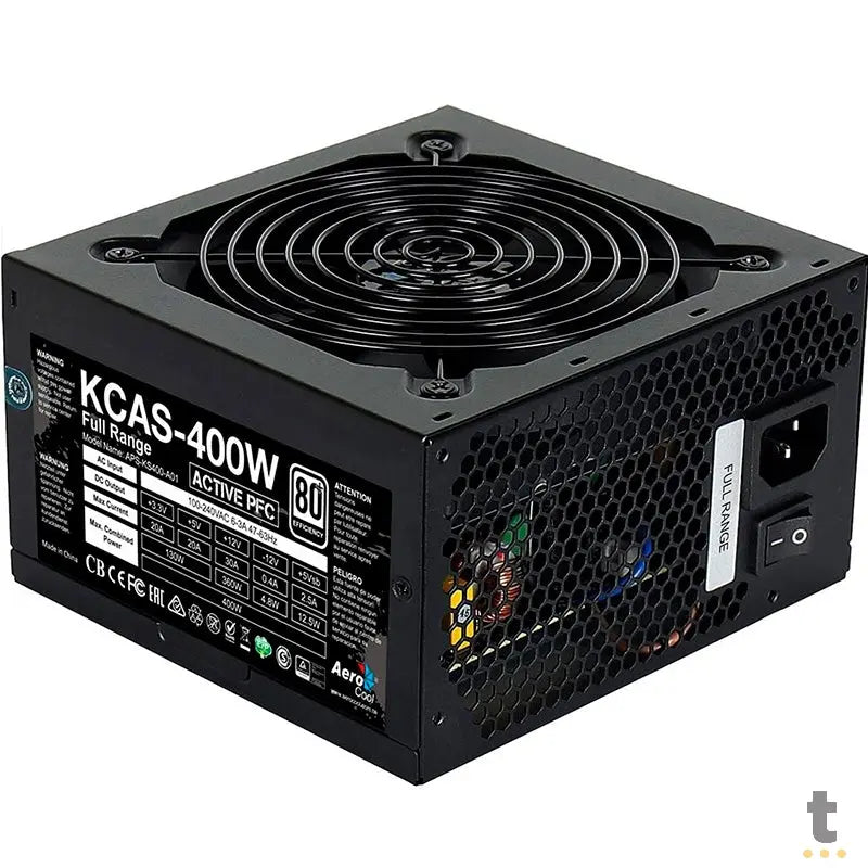 Fonte Real Atx 400w Aerocool 80 Plus White Kcas-400 Pfc Ativo S/ Cabo Biv Truedata