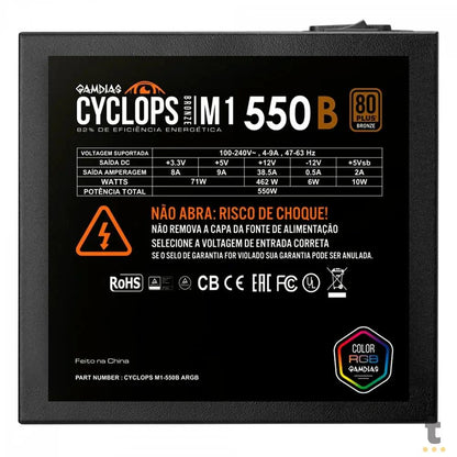 Fonte Real Atx 550w Gamdias Cyclops 80 Plus Bronze PFC Ativo Atx 2.31 - M1-550B Truedata