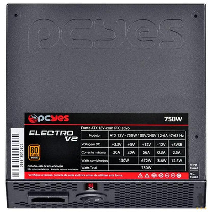 Fonte Real Atx 750w Electro V2 Series PCYes 80 Plus Pfc Ativo - ELECV2PTO750W Truedata