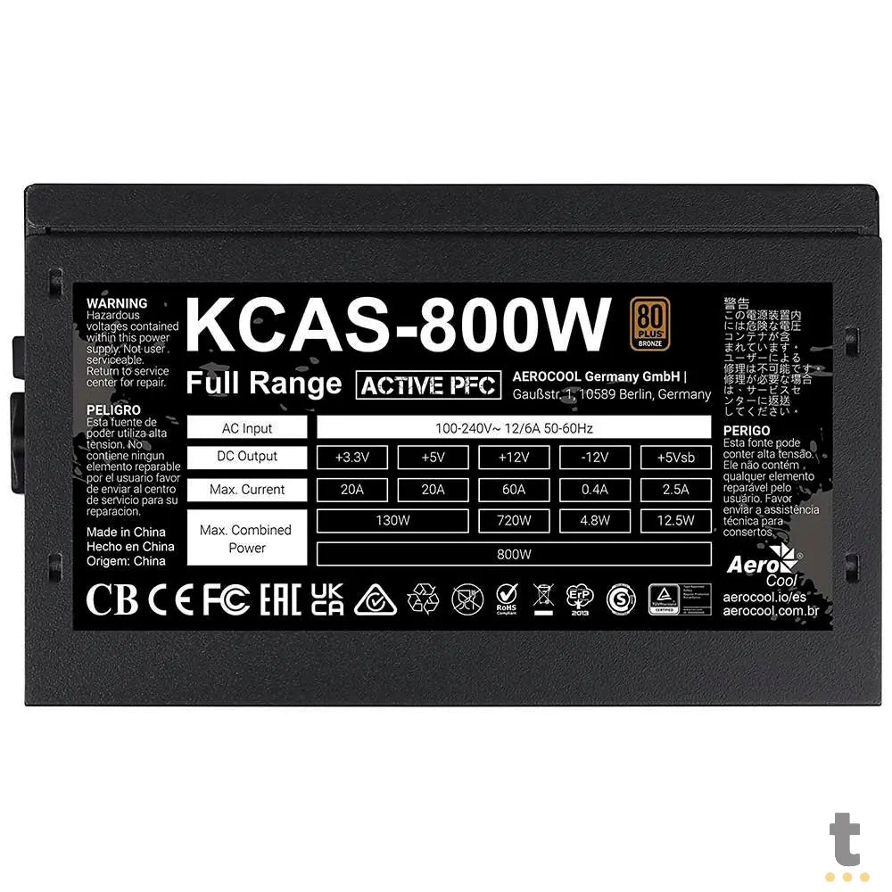 Fonte Real Atx 800w Aerocool Kcas 80 Plus Pfc Bronze - 79602 Truedata