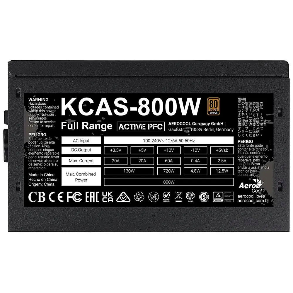 Fonte Real Atx 800w Aerocool Kcas 80 Plus Pfc Bronze - 79602 Truedata
