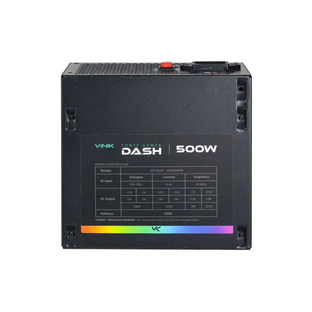 Fonte Real Atx Gamer Vinik Dash Atx 500w C/ Fan Led RGB Bivolt Preto - VFG500WPR Truedata
