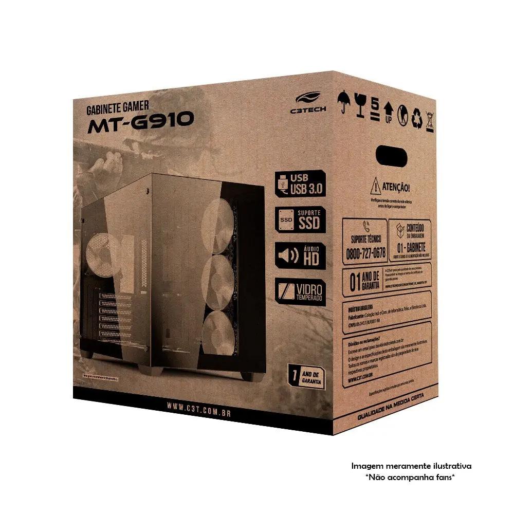 Gabinete Gamer C3Tech Aquarius Mid Tower Com frente e lateral em Vidro Temperado S/ Fonte Preto - MT-G910BK Truedata