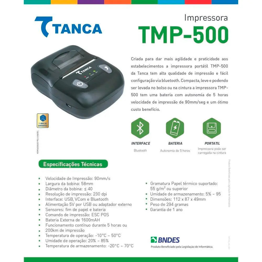 Impressora Termica Portatil Tanca Mobile Usb Bluetooth - 001959 Truedata