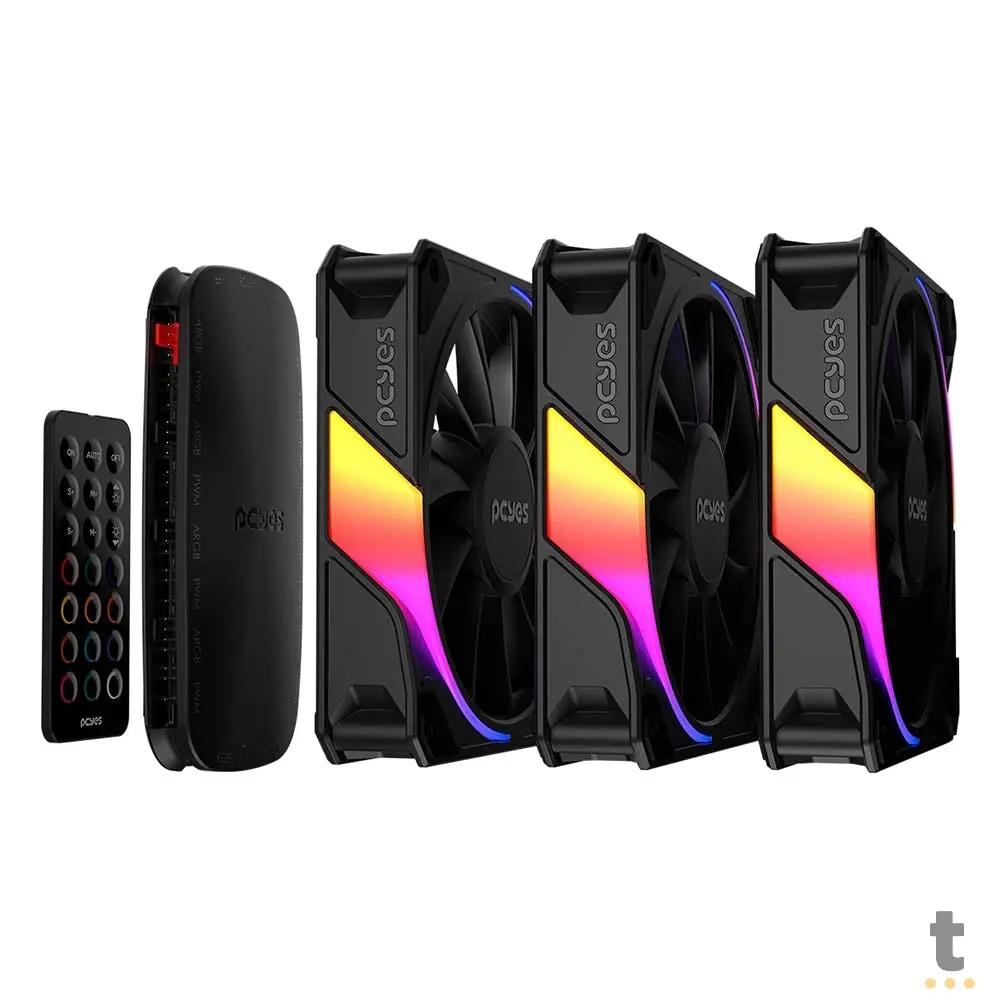 Kit 3x Cooler Fan Para Gabinete PCYes Sangue Frio 3 ARGB Black Vulcan 120mm + Controladora - K3ARGBSF3BR Truedata