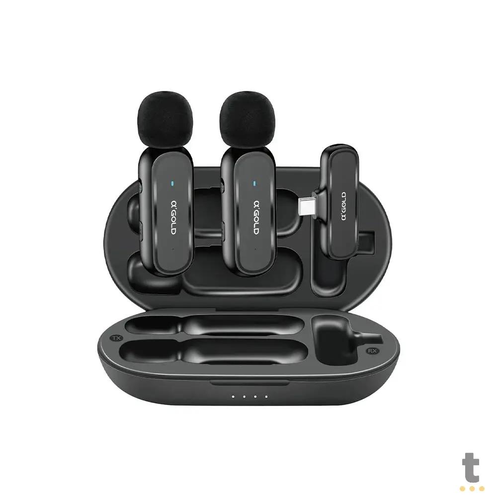 Kit C/ 2 Microfones Sem Fio Lapela Lightning aGold C/ Redução de Ruído e Base de Carregamento - MCF-10 Truedata