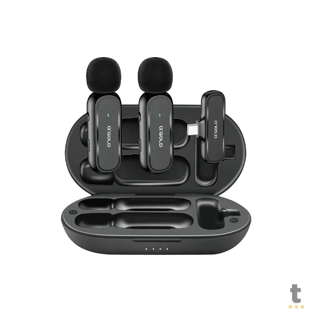 Kit C/ 2 Microfones Sem Fio Lapela Lightning aGold C/ Redução de Ruído e Base de Carregamento - MCF-10 Truedata