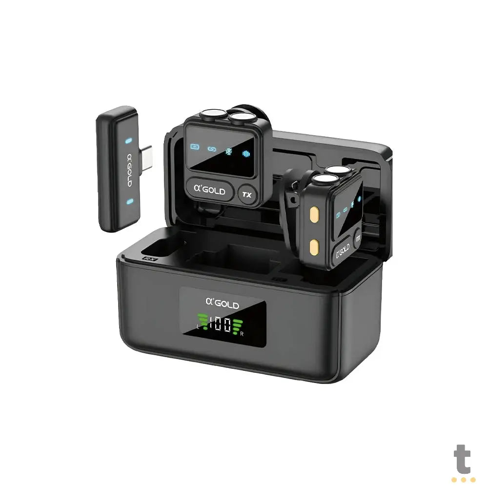 Kit C/ 2 Microfones Sem Fio Magnético Lapela Tipo-C aGold C/ Base de Carregamento e Redução de Ruído - MCF-26 Truedata