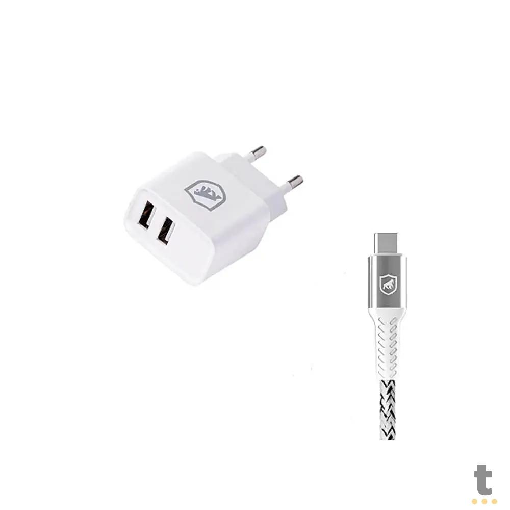 Kit Carregador de Parede Flex 2 USB + Cabo Nylon Kevlar Branco USB Tipo C 1,5m GShield - GS-8348 Truedata
