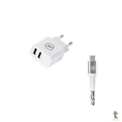 Kit Carregador de Parede Flex 2 USB + Cabo Nylon Kevlar Branco USB Tipo C 1,5m GShield - GS-8348 Truedata