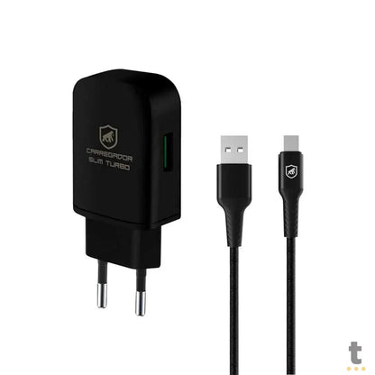 Kit Carregador de Parede Turbo Slim + Cabo Nylon Kevlar Preto USB Tipo C / USB 1,5m GShield - GS-8326 Truedata