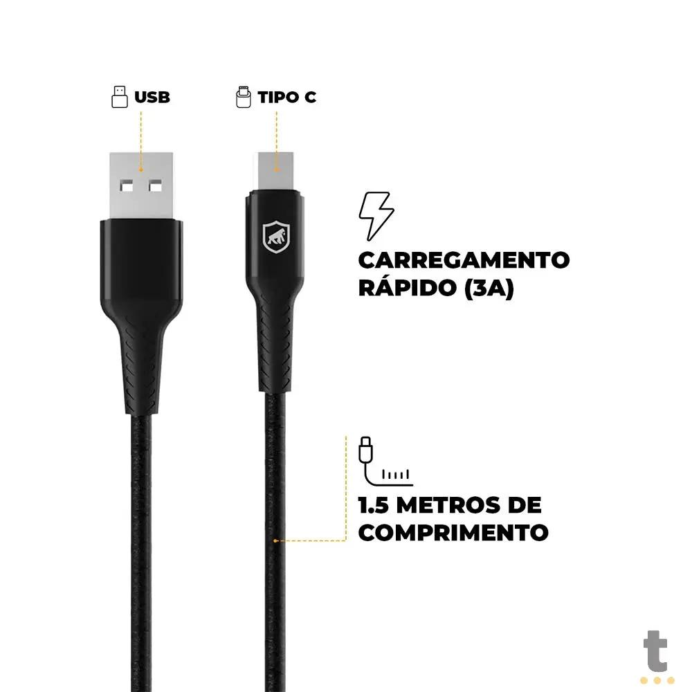 Kit Carregador de Parede Turbo Slim + Cabo Nylon Kevlar Preto USB Tipo C / USB 1,5m GShield - GS-8326 Truedata