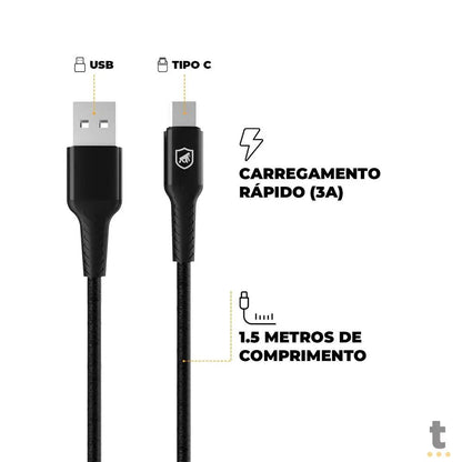 Kit Carregador de Parede Turbo Slim + Cabo Nylon Kevlar Preto USB Tipo C / USB 1,5m GShield - GS-8326 Truedata