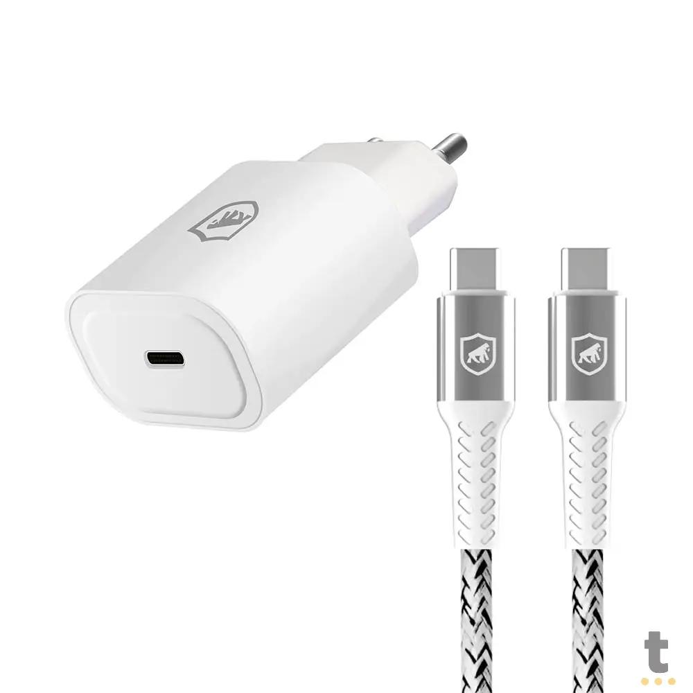 Kit Carregador de Parede USB Tipo C + Cabo USB Tipo C Kevlar 1,5m GShield Branco - GS-8336 Truedata