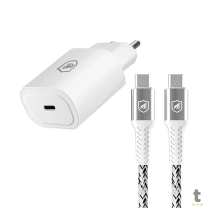Kit Carregador de Parede USB Tipo C + Cabo USB Tipo C Kevlar 1,5m GShield Branco - GS-8336 Truedata
