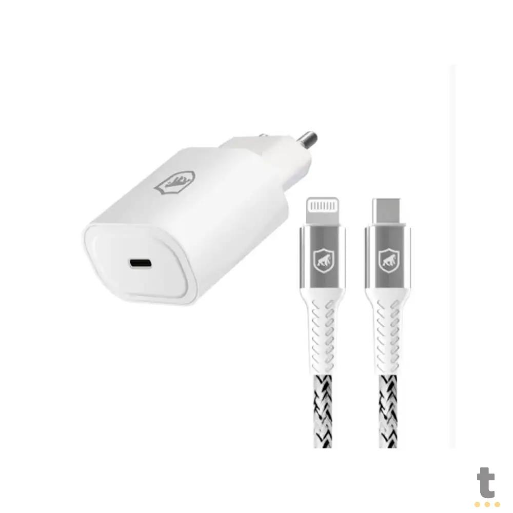 Kit Carregador de Parede USB Tipo C + Cabo USB Tipo C P/ Lightning Iphone Kevlar 1,5m GShield Branco - GS-8335 Truedata